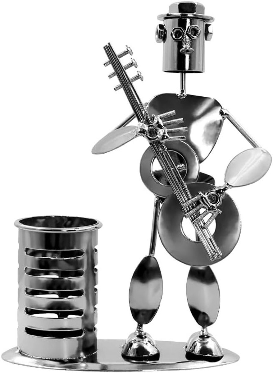 Retro Muzikant Penhouder van Metaal, Creatieve Pencil Cup voor Thuis en Kantoor, Unieke Sculptuur en Organisator voor Bureau en Desk
