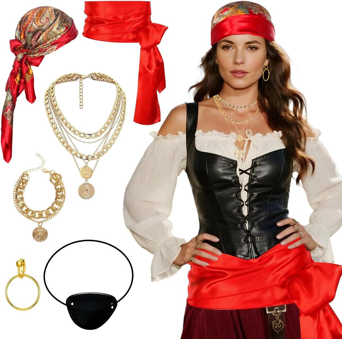 Vrouwelijk piratenkostuum met accessoires zoals hoofddoek, riem, ooglapje, ketting, armband en oorbellen voor carnaval en themafeesten