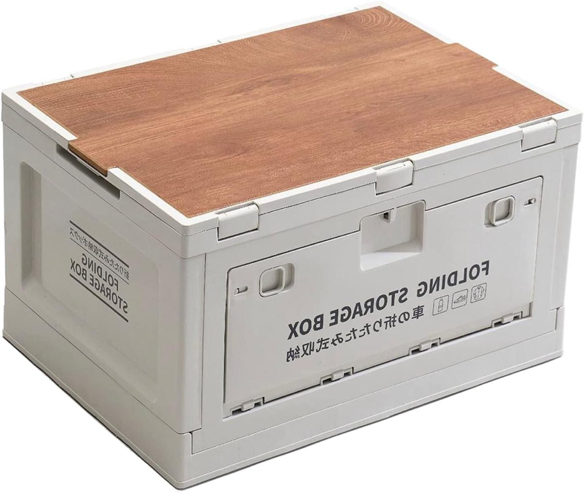 Camping Opbergdoos - Opvouwbare Opberger - Kampeeruitrusting Organiseren - Met Houten Deksel - 50x36x30 cm - Beige