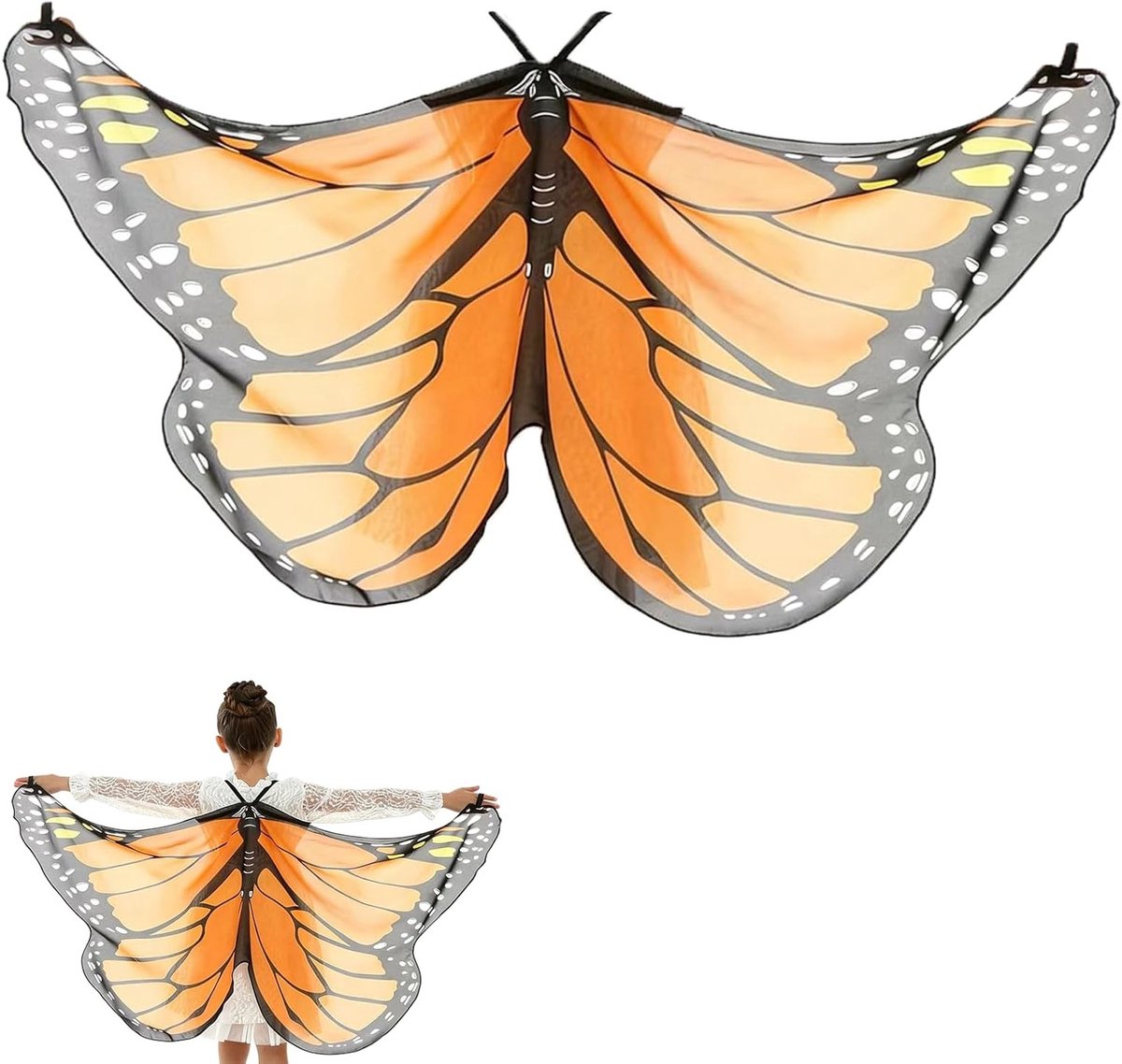 Fantasierijk vlinderkostuum voor kinderen met vleugels en cape voor carnaval, Halloween en feesten - 145 * 70cm - Oranje