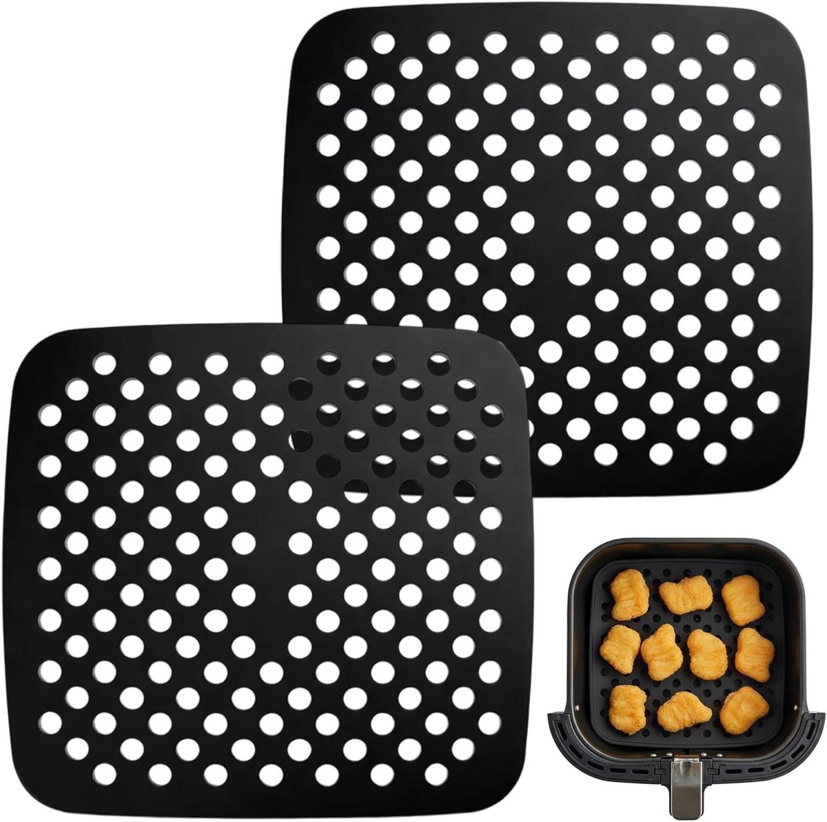 Airfryer Siliconen Matten - Onderlegger Bakken - Voorkomen Vastplakken - Hittebestendig Voedselveilig - 21.5 cm - Zwart