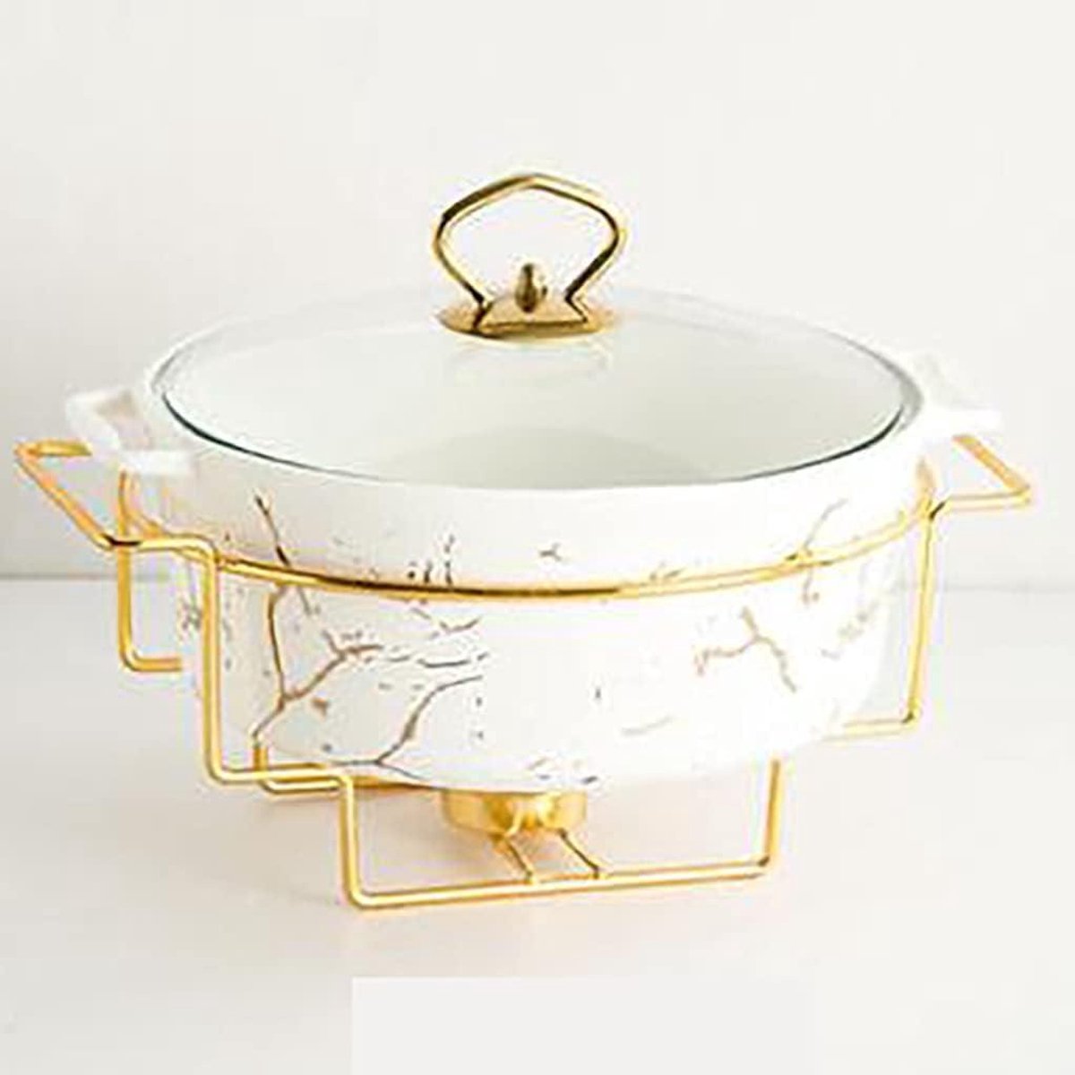 Warmhoudplaat Voor Feesten En Buffetten, Ronde Warmhoudplaat/Chaf Dish Buffetset, Keramische Chafing Dish Met Marmerlook En Glazen Deksel, Chafing Dish En Buffetwarmerse,White-B