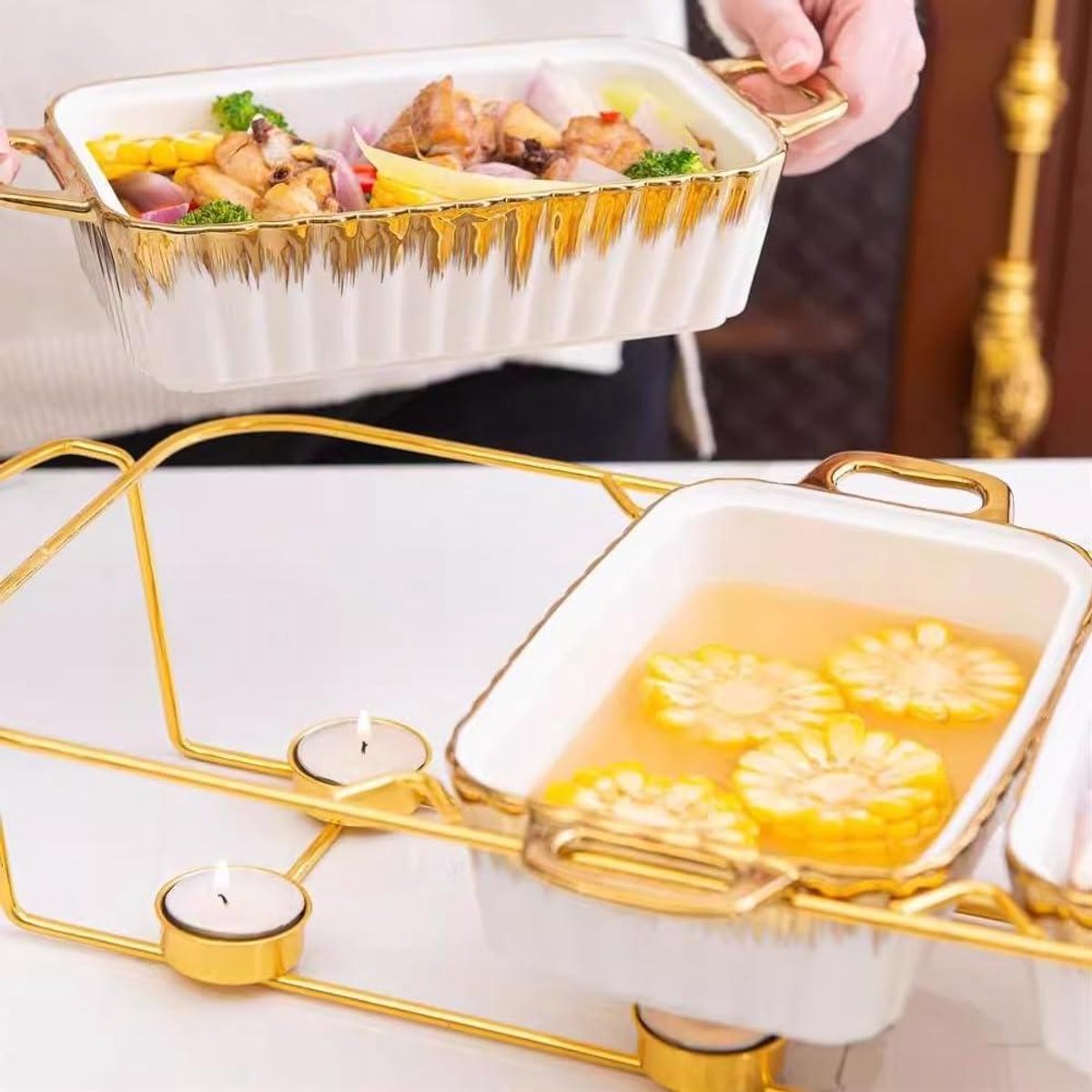 Chafing Dish Set - Voedselwarmer Buffet - Feestelijke Buffetten - Keramiek Marmerlook - Ruime Inhoud - Groen