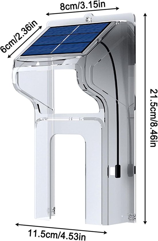 Transparante solar overkapping voor deurbel met afmetingen.