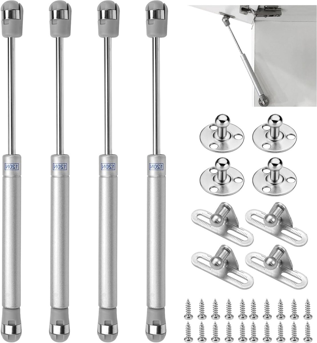 4 Stuks Keuken Deurpistons 120 N/12 kg, Gasveren voor Meubels, Hydraulische Piston, Klein, Zilver, Hoogwaardige Kwaliteit