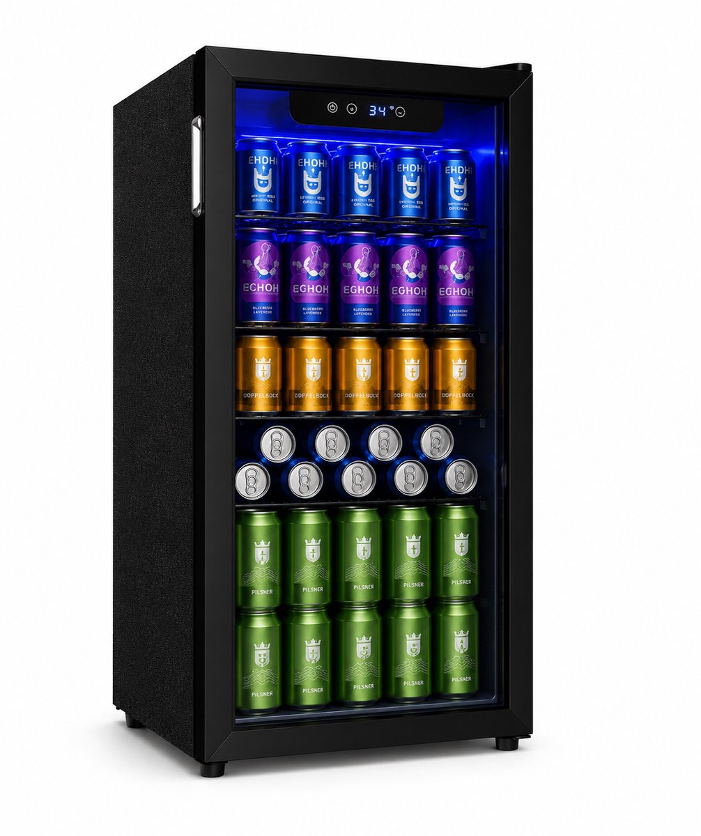Celestul Drankenkoelkast - Mini Koelkast voor Bier Wijn & Frisdrank - 126 Blikjes - Glazen Deur - LED - Stil - Instelbare Temperatuur - 90L - 49×44,5×78cm - Zwart