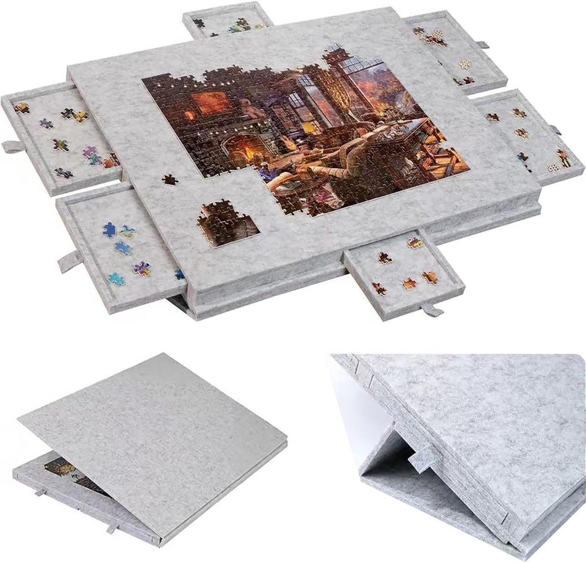 Puzzelplank Kantelbaar - Puzzelmat Vilt - Puzzels Sorteren - Met 6 Sorteerladen - 90 x 63 cm - Lichtgrijs