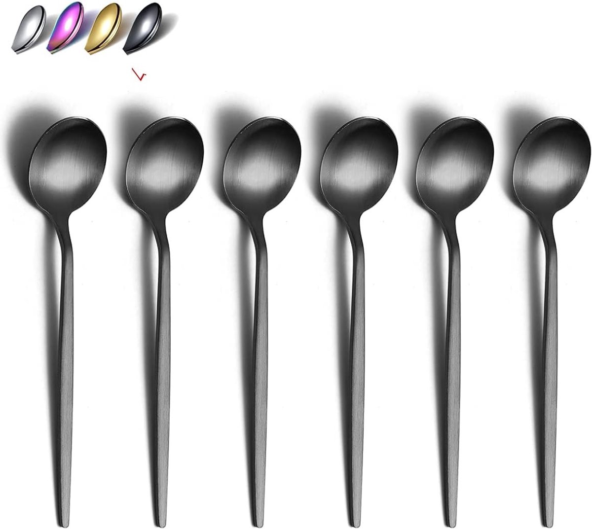 Set van 6 Matte Zwarte Theelepels van RVS, 16,8 cm, Duurzaam Bestek voor Thuis en Horeca, Vaatwasserbestendig