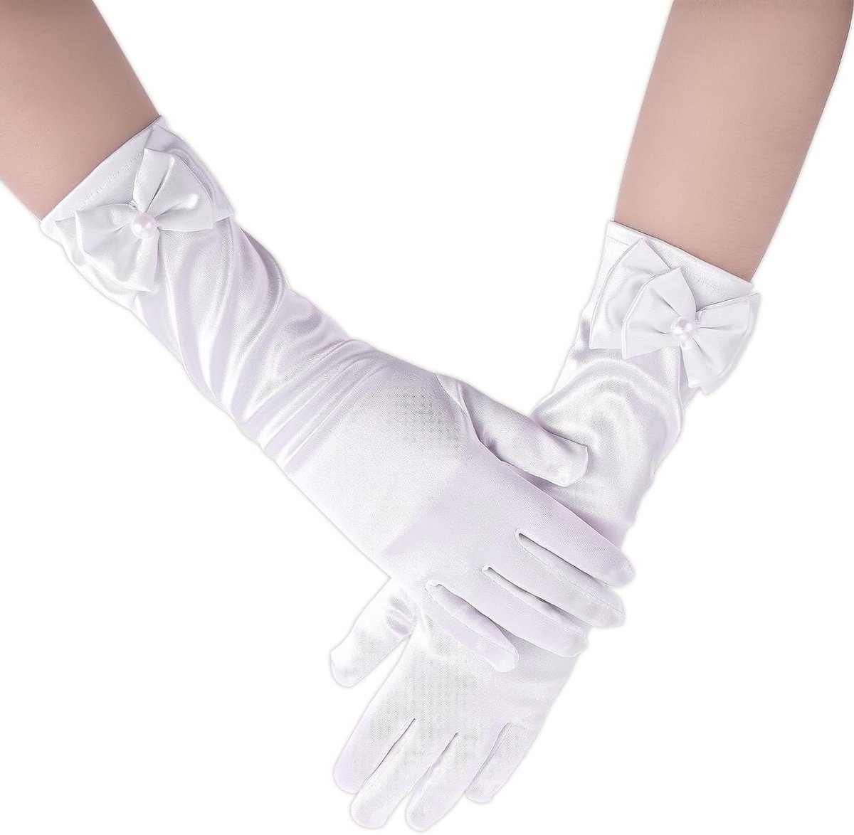 Elegante Witte Satijnen Lange Handschoenen voor Meisjes met Strik - Perfect voor Bruiloften, Eerste Communie en Feestelijke Gelegenheden