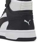 Detail van de zwarte en witte Puma Rebound Slam Mid AC PS sneaker met Puma-logo op de hiel.