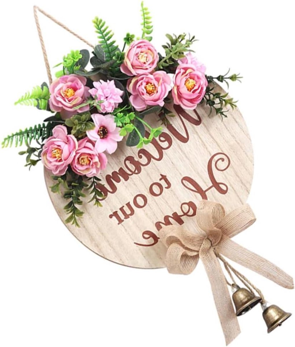 Decoratief Deur Bord - Wanddecoratie Bloemen - Huis Entree Versieren - Met Rinkelende Bel - 37x28cm - Multicolor