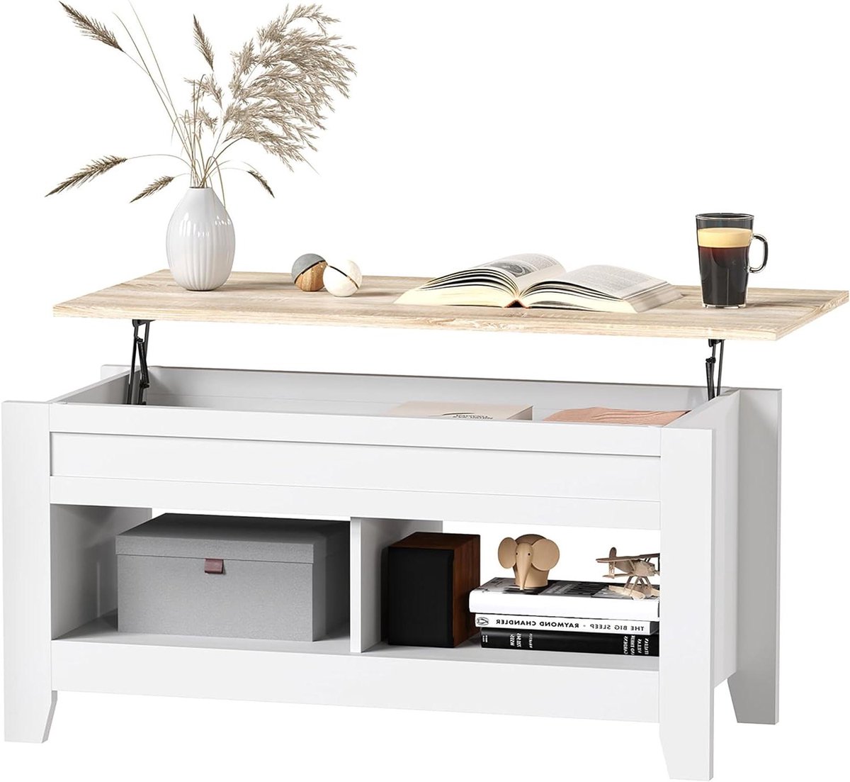 Salontafel met Hefblad - Woonkamertafel - Eten en werken - Verborgen opbergvak - 105x50x62cm - Wit
