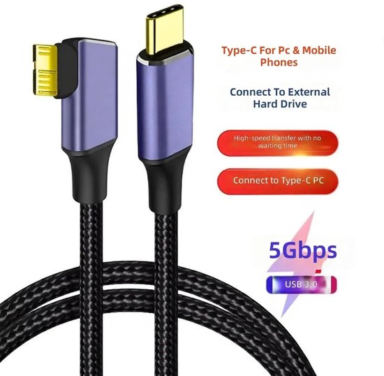 USB C naar MicroB Kabel - Data Overdrachtskabel - Externe Schijf Koppelen - Haakse Connector - 1 Meter - Zwart — afbeelding 3