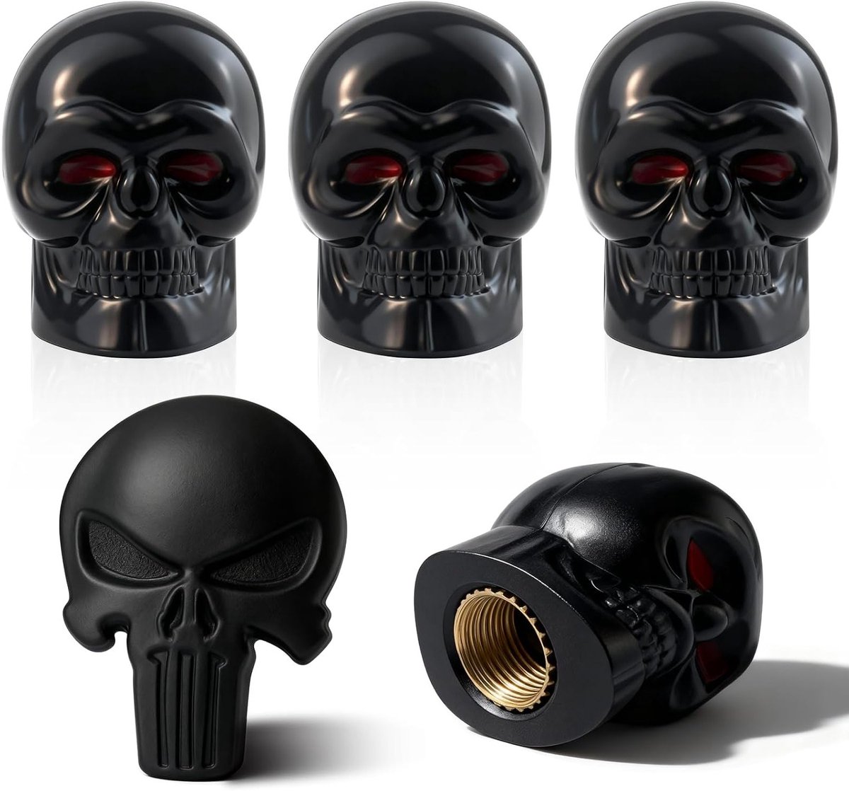 Set van 4 Skulls Ventieldoppen voor Auto's, Fietsen en Motoren met 1 Metalen Sticker voor een Unieke Look
