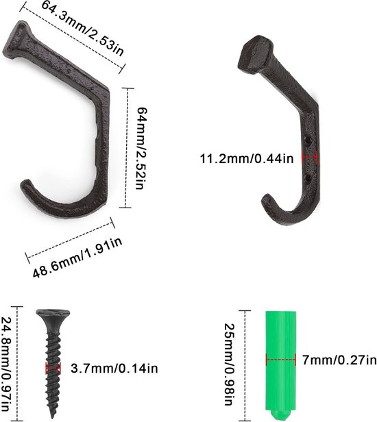 Dailygoody - Wardrobe Hooks - Matte Black - Vintage Coat Hooks - Duurzaam - Cast Iron Haken - Geschikt voor Binnen en Buiten - Set van 2 — afbeelding 2