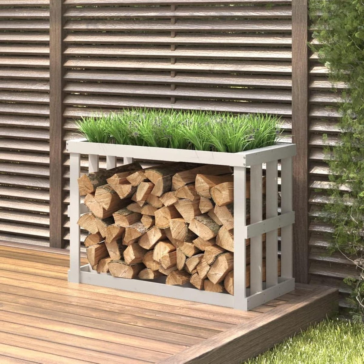 Houten Brandhout Rek - Houtopslag Buiten - Opslag van Brandhout - Met Bloembak - 108 x 52 x 74 cm