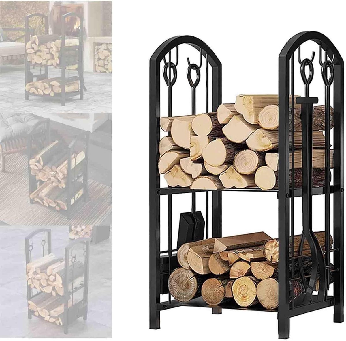Haardhoutrek - Houthouder Rek - Haardhout Opslag - Dubbellaags Constructie - 74.5 cm Hoog - Zwart