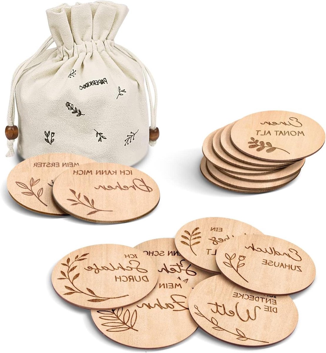 Houten Mijlpijlkaarten - Baby Kaartjes - Zwangerschap Herinneringen - Dubbelzijdig Bedrukt - 10 cm Diameter - Houtkleur