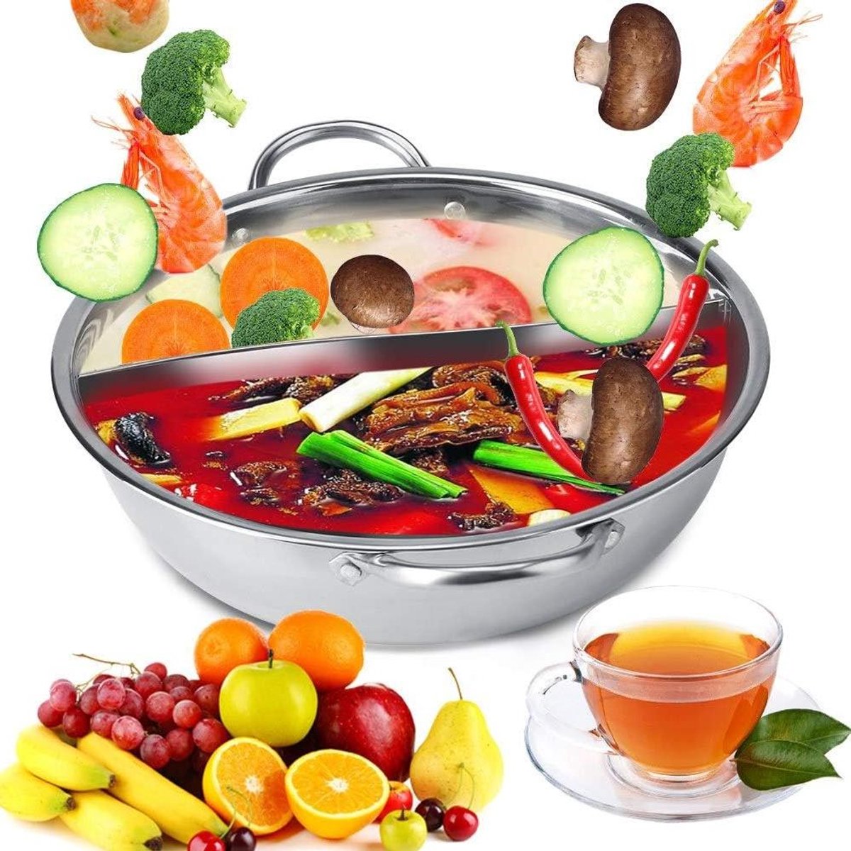Roestvrijstalen Hete Pot - Hotpot Pan - Gezellig Eten - Twee Smaakscheiding - 27 cm - Zilver