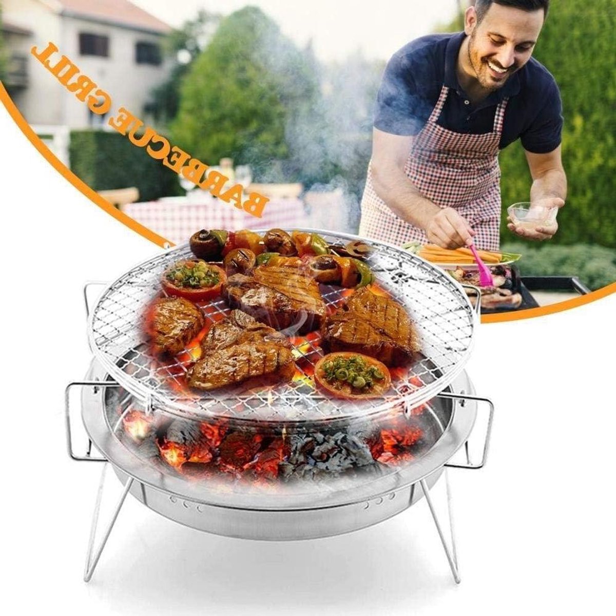 Draagbare Barbecue Grill Mini Pocket Grill Buiten Koken Roestvrij Staal 30x18.3 cm Zilver