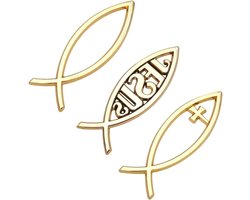 SUPERFINDINGS 3 stuks 3 stijlen Gouden Stickers Jezus Christus Vis en Kruis Zelfklevende Metalen Optische Decal Badge Emblem voor Auto Raam Koelkast