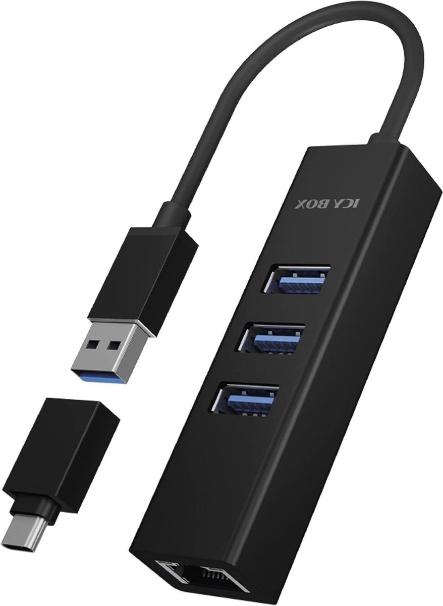 ICY BOX IB-HUB1419-LAN Aluminium USB HUB met 3 USB 3.0 poorten en RJ45 Gigabit Ethernet netwerkadapter, geïntegreerde Type-A kabel met USB C adapter voor Windows en Mac OS X