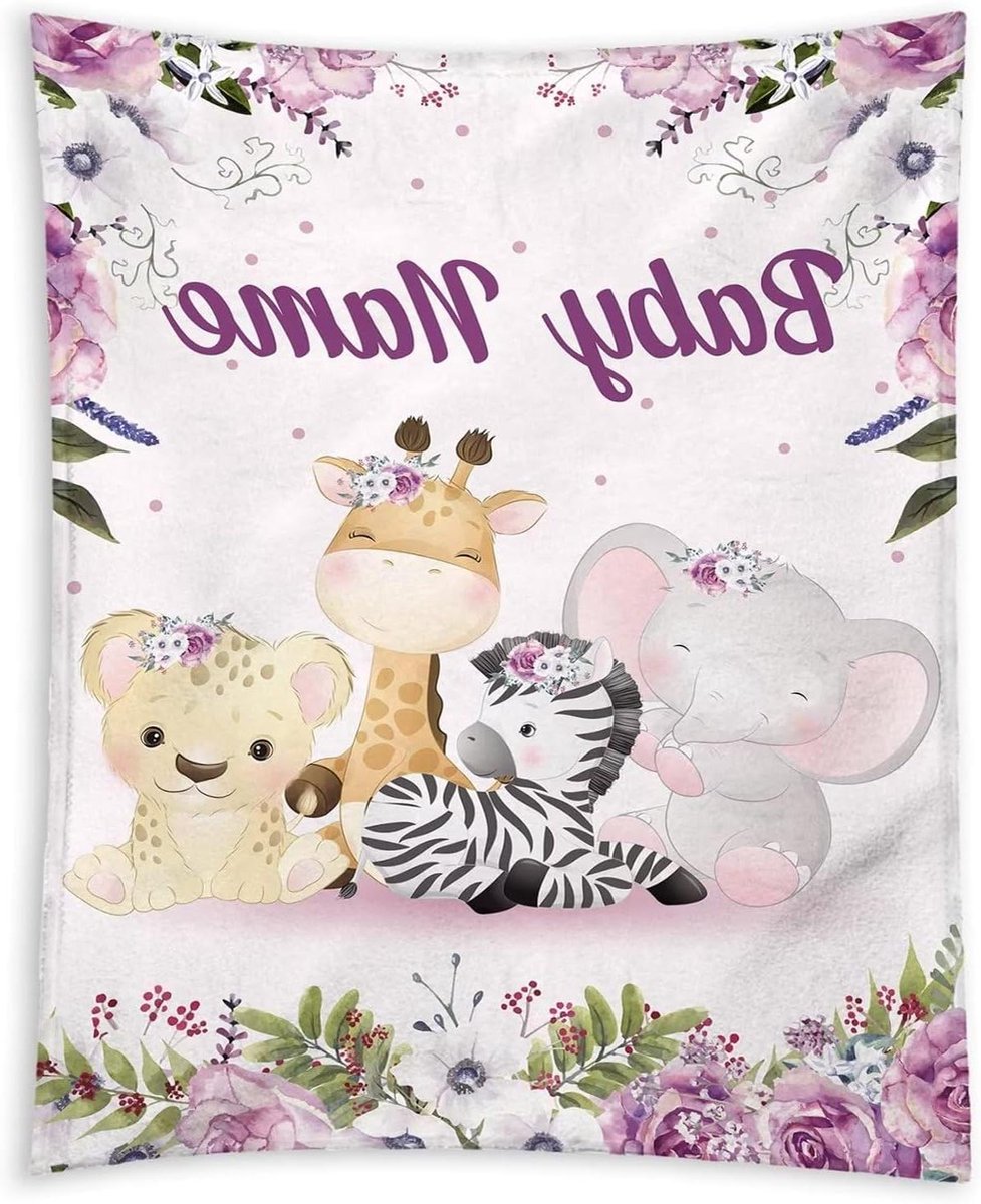 Gepersonaliseerde Baby Deken - Knuffeldekens Baby - Geboorte Cadeau - Zachte Flanellen Stof - 70 x 100 cm - Dieren Familie
