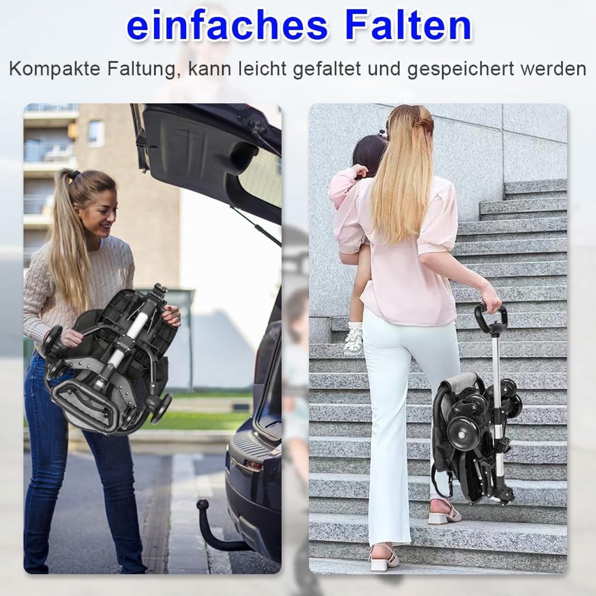 Compacte wandelwagen, ligpositie, compacte kinderwagen, met één hand kantelbaar, grote opbergmand (zwart - B)