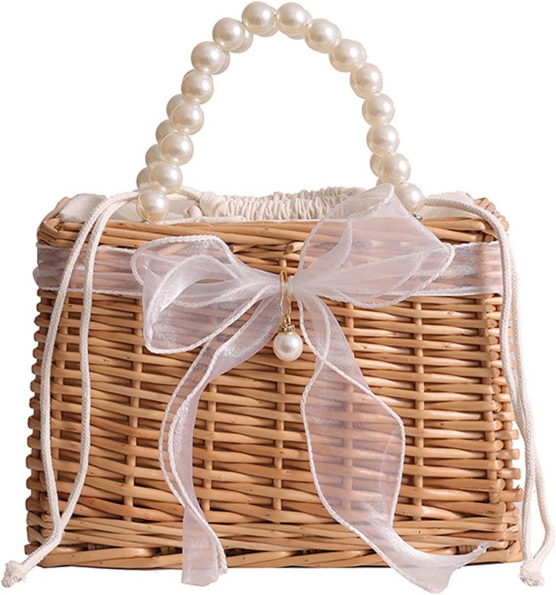 Wicker purse large capacity basket purse elegant straw handbag with pearl handle and button ribbon top open rattan with linen basket bag for summer beach.