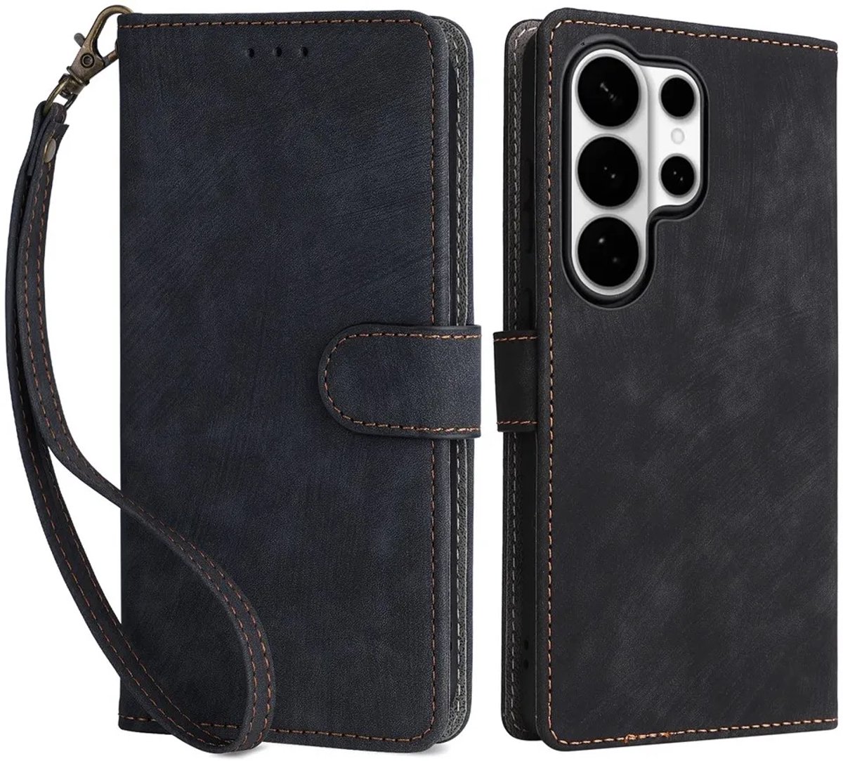 Hoesje geschikt voor Samsung Galaxy S26 Ultra - Phonesta Vintage Skin Book Wallet Case met afneembaar koord - Zwart