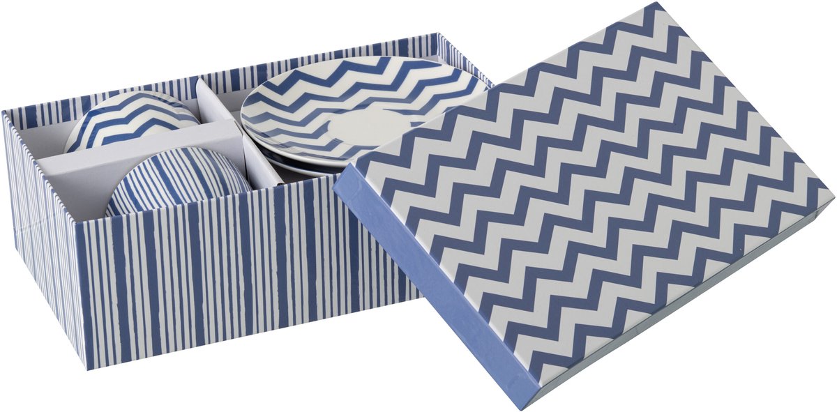 J-Line kopje + schoteltje Gestreept - porselein - blauw/wit - large - set van 2