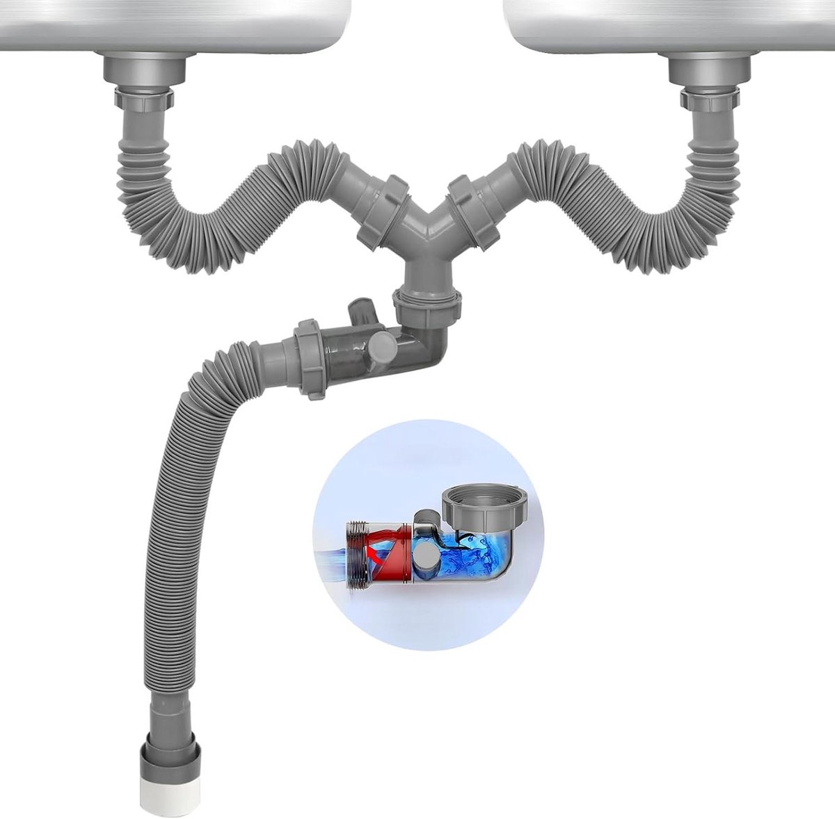 Gootsteen Afvoerset - Flexibele Afvoer - Dubbele Gootsteen - Anti-Terugstroom Klep - 25-100cm - Grijs