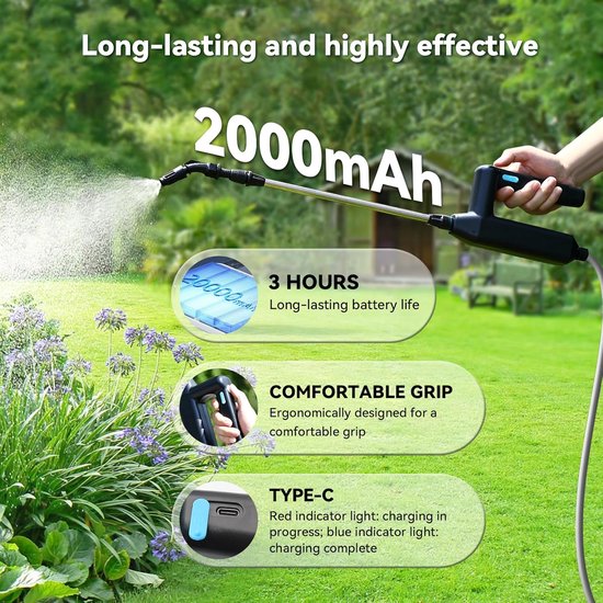 Elektrische Drukspuit - met 7.4 V Accu - met 3 Sproeiers en 5 m Slang - Draagbare Elektrische Plantensproeier - Oplaadbaar via USB-C - voor Tuin, Terras, Gazon en Onkruid — afbeelding 3