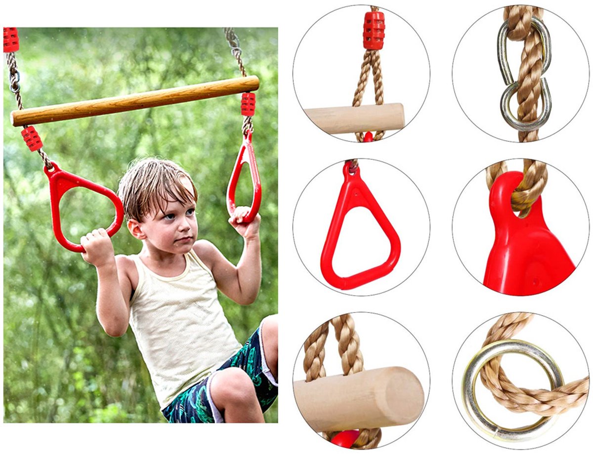 Houten Trapeze Schommel met Ringen – Kinder Gymnastiek Schommel voor Tuin & Binnen – Verstelbaar – Tot 100kg – houten schommel ringen – gymnastiek ringen kinderen – actief speelgoed kinderen – schommel – trapeze – ringen schommel – 32443 — afbeelding 3