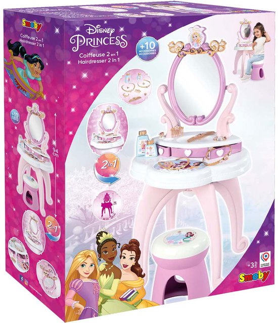 Doos van Smoby Disney Princess kaptafel met spiegel, krukje en accessoires. Afmetingen 94 cm hoog. Met afbeeldingen van prinsessen.