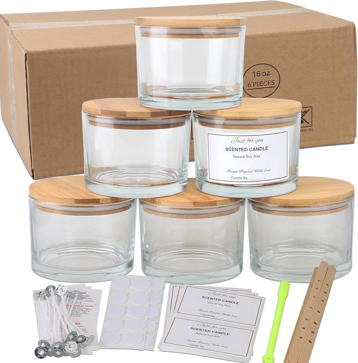 PromoHome Glazen Potten Set van 6 - 473 ml met Bamboe Dekkels en Kaarsmaak Accessoires