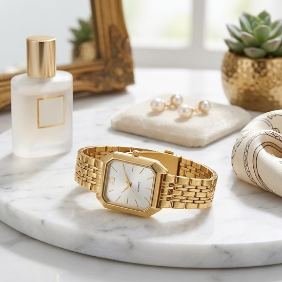 Gouden rechthoekig analoog horloge met witte wijzerplaat en Romeinse cijfers, op een marmeren plateau met parfumflesje en oorbellen.