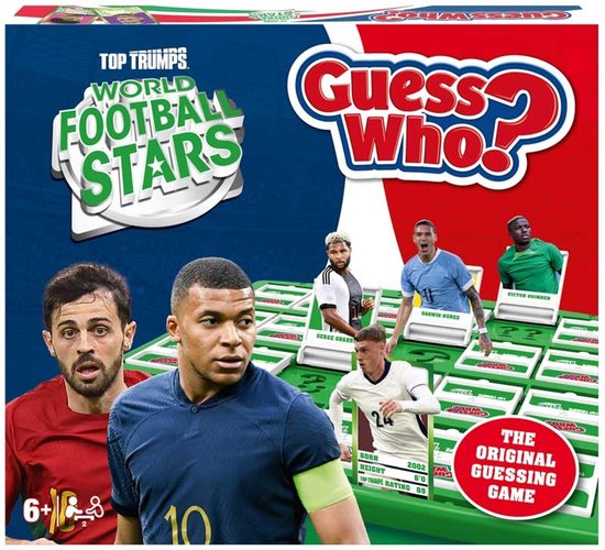 Guess Who? World Football Stars spelbord met spelers zoals Kylian Mbappé, Bernardo Silva, Darwin Núñez, Serge Gnabry en Victor Osimhen.