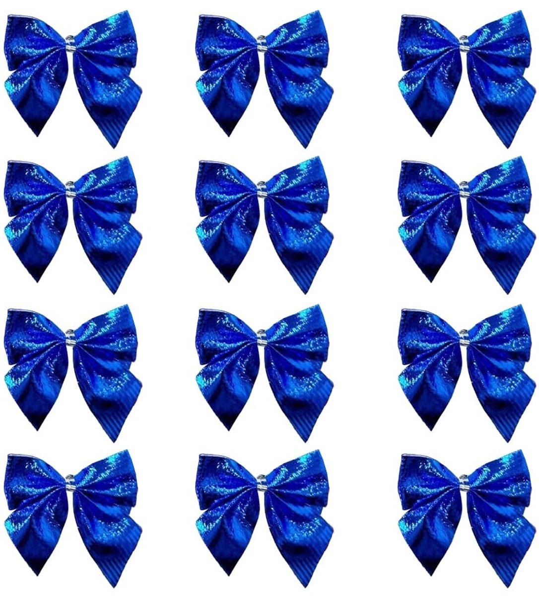 12 Stuks Kerst Strikken 7x6cm - Decoratieve Bogen voor Cadeaus, Kerstboom en Feestdecoratie - Blauw