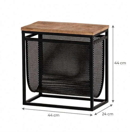 Tijdschriftenhouder met houten blad en zwart metalen mand, met afmetingen 44x24x44 cm.