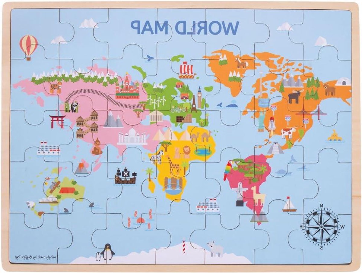 Houten Wereldkaart Puzzel - Educatieve Puzzel - Leren Geografie - 35 Stukken - 16.85 x 12.8 Inch - Multicolor