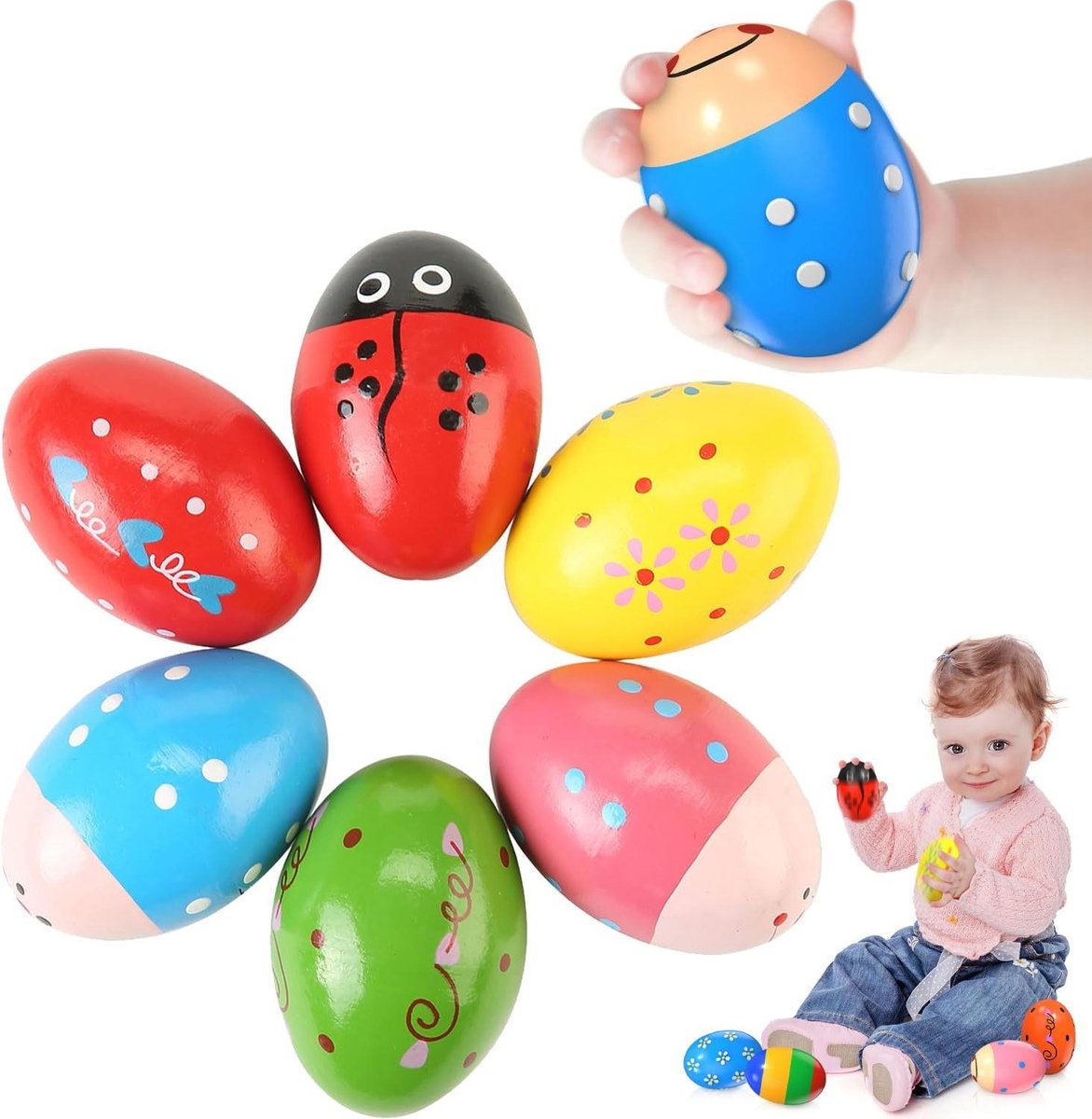 Houten Ei Maracas - Rammelaar Schudden - Muziek Leren - Natuurlijk Hout - 7 x 4.5 cm - Meerkleurig