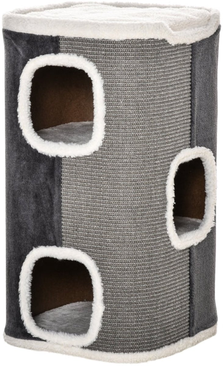 Merax Krabton Kat – Krabpaal met 3 Niveaus – Krabmeubel met Sisal en Pluche – Kattenhuis Grijs/Wit 40x40x74 cm