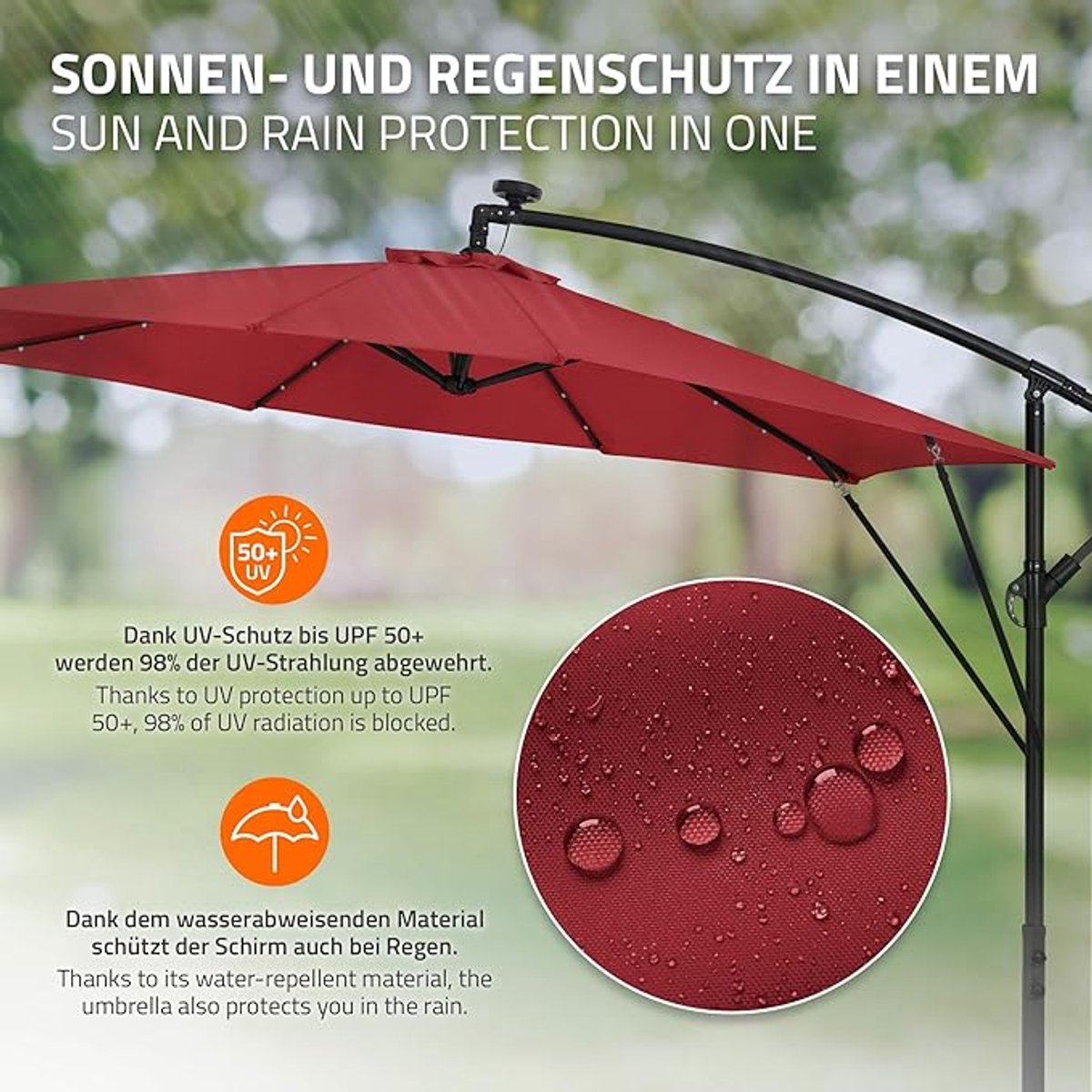 Tuinparasol 2x3m Rechthoek – Bellavero Luxe Parasol met Solar LED Verlichting, UV50+ Bescherming, Kantelbaar 30°, Kurbel Mechanisme, Waterafstotend Polyester, Zonder Voet – Tuin, Balkon, Terras & S...