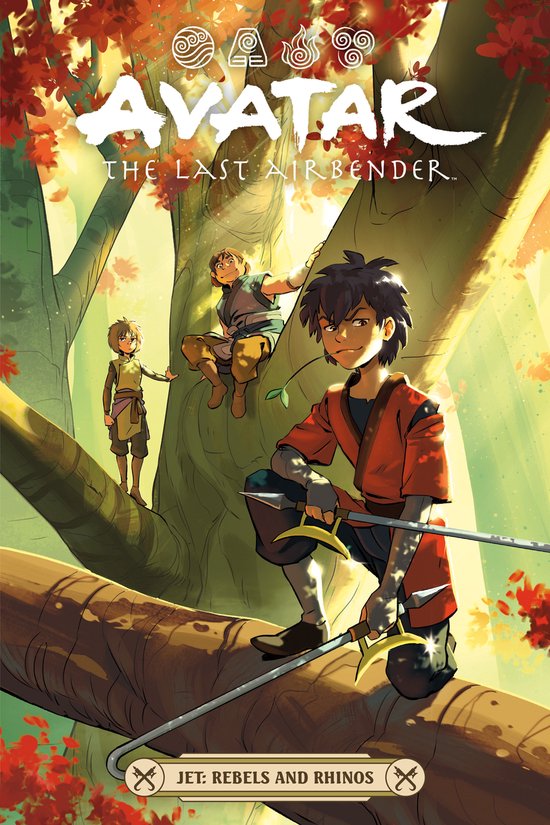 Avatar: The Last Airbender--Jet--Rebels and Rhinos. Drie jongens zitten in een boom, omringd door herfstbladeren. De voorste jongen draagt een oranje jas en houdt twee zwaarden vast.