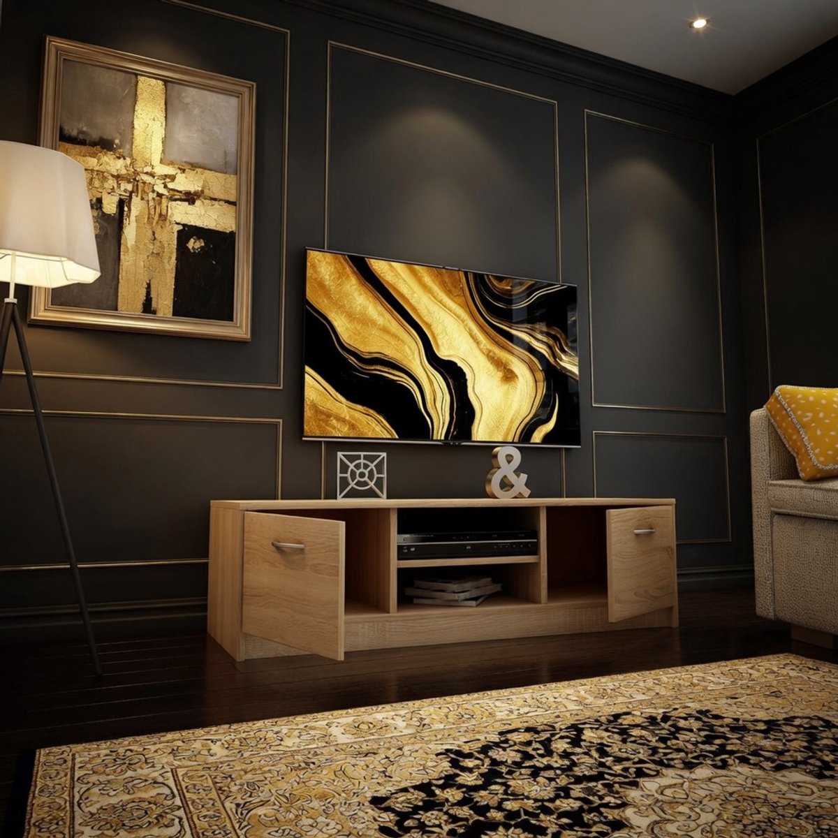 Modern TV Meubel 120 cm – Lowboard met 2 Deuren & Open Vak – Mat Afgewerkt TV Dressoir met Soft-Close Schuifrails – Sonoma Eiken – Mobili Bella