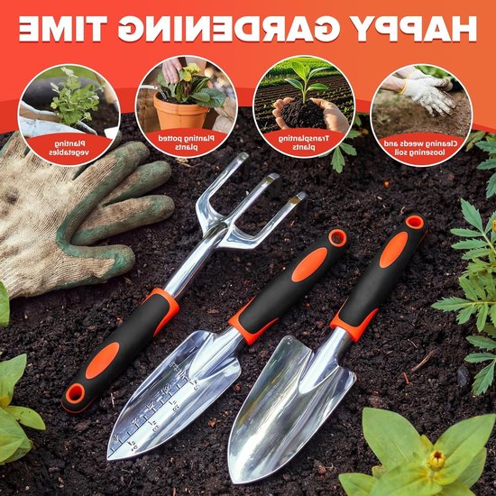 Dailygoods - Bamworld 3-delig tuingereedschapset zwaar gebruik, tuinset van aluminiumlegering met ergonomisch handvat, inclusief plantenschep, verplantingsschop en handhark voor perk en gazon, Oranje van Dailygoods — afbeelding 5