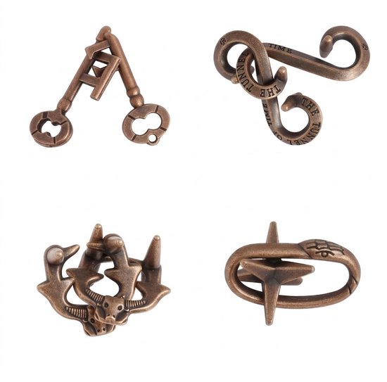 Vier bronzen breinbrekers met afmetingen: sleutel (5.2cm), ringen (5.6cm), dier (3.1cm), ster (4cm).