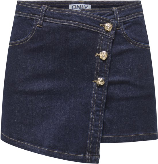 Donkerblauwe spijkerrok met asymmetrische sluiting en goudkleurige knopen. Tailleband met riemlussen en kontzakken.