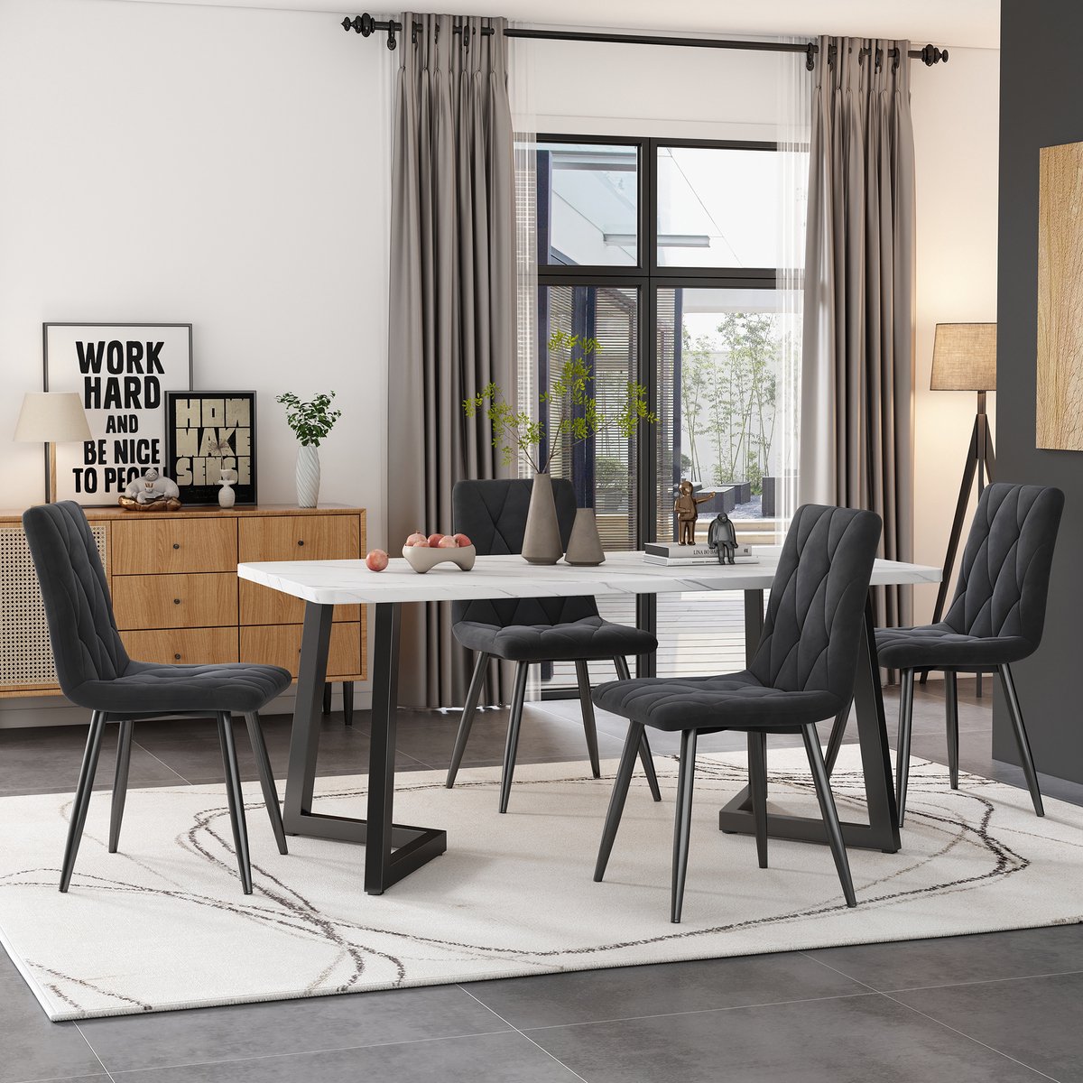 FloraGrace Eetkamerset 117 x 68 cm - Rechthoekige Eettafel Met 4 Fluwelen Stoelen - Modern Voor Keuken En Eethoek - Grijs